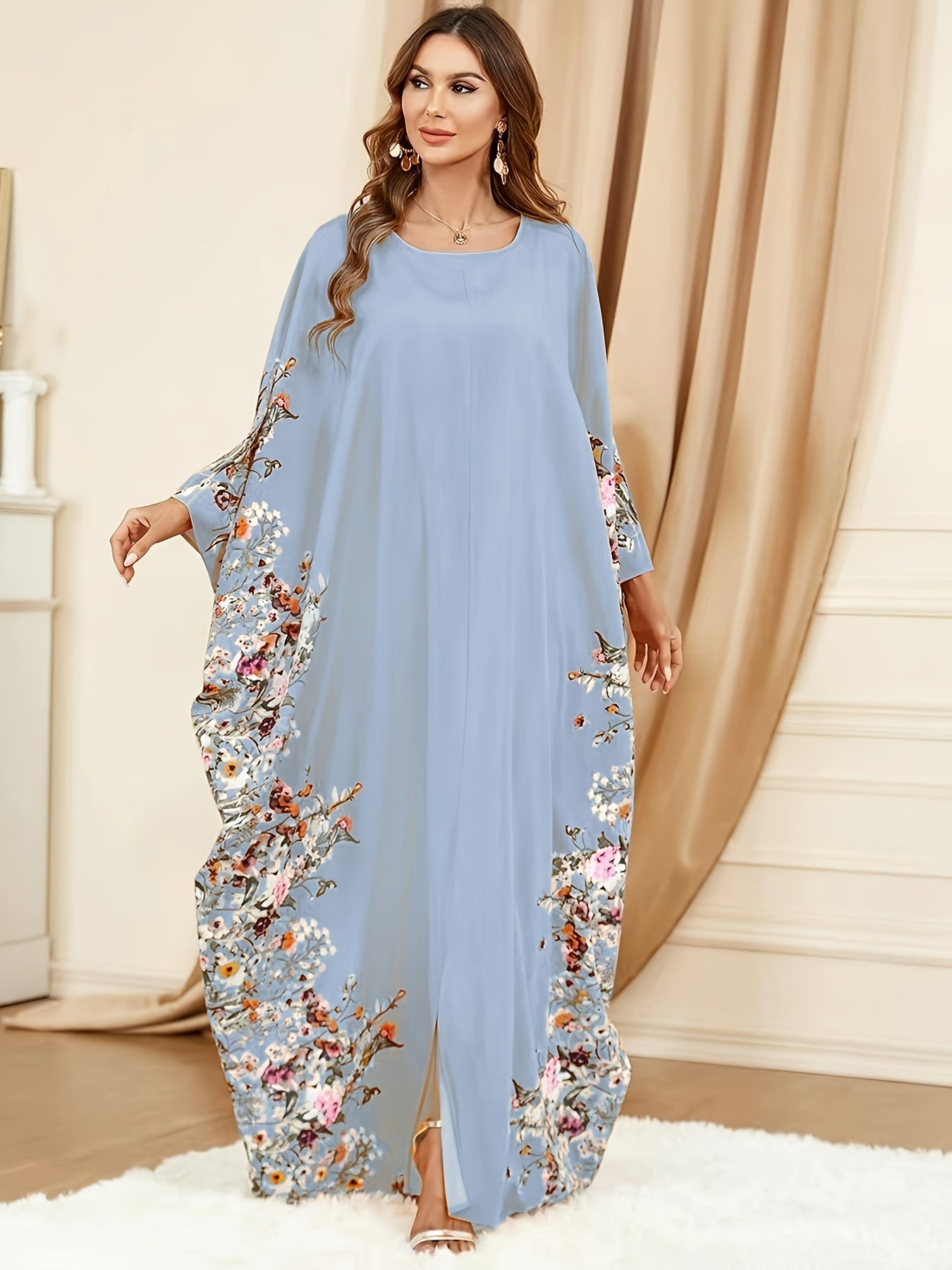 🌙 Ramadan Floral Print Crew Neck Kaftan