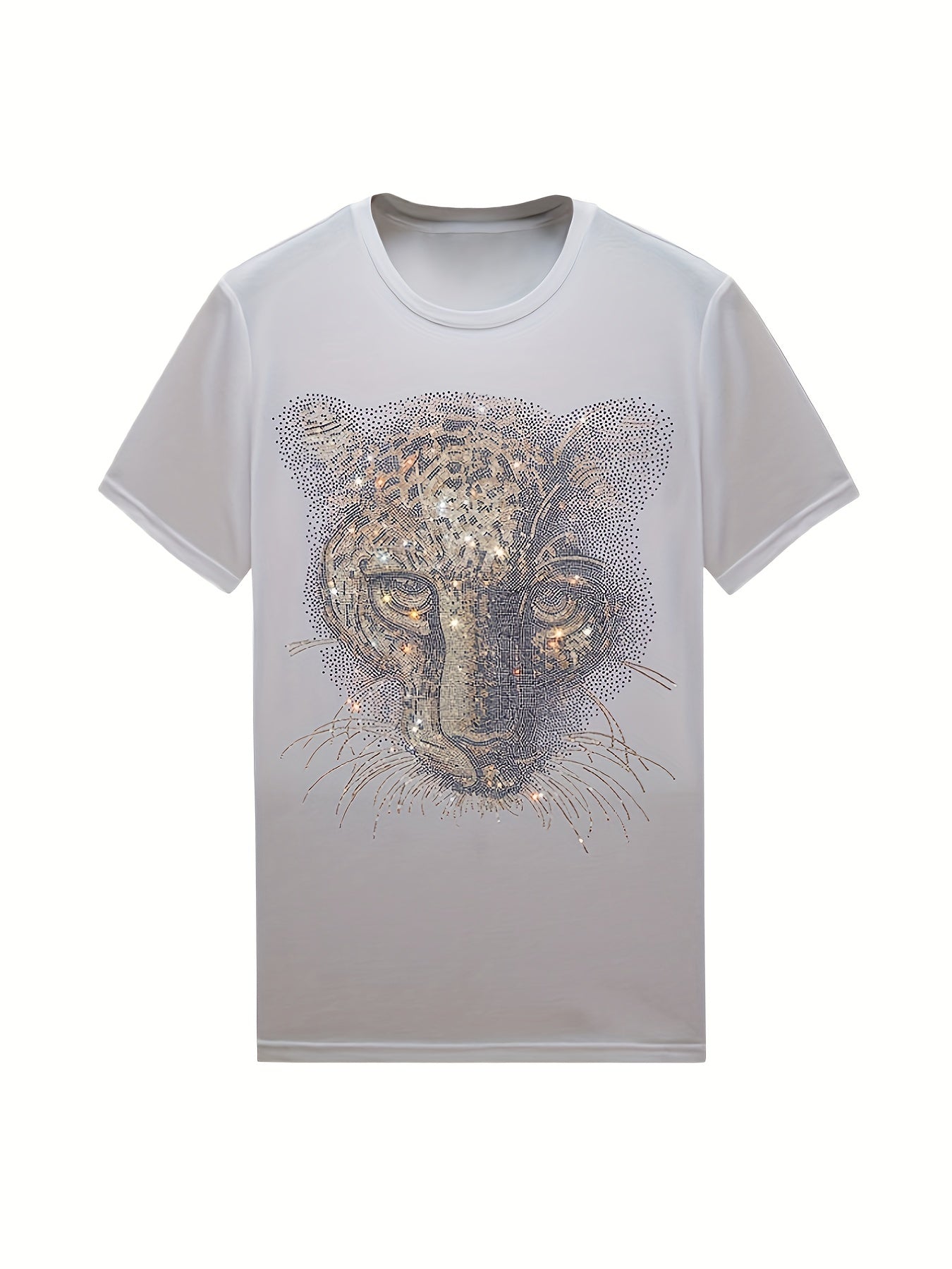 ✨ Rhinestone Leopard T-Shirt 🐆 - Casual Crew Neck Graphic Tee for Men