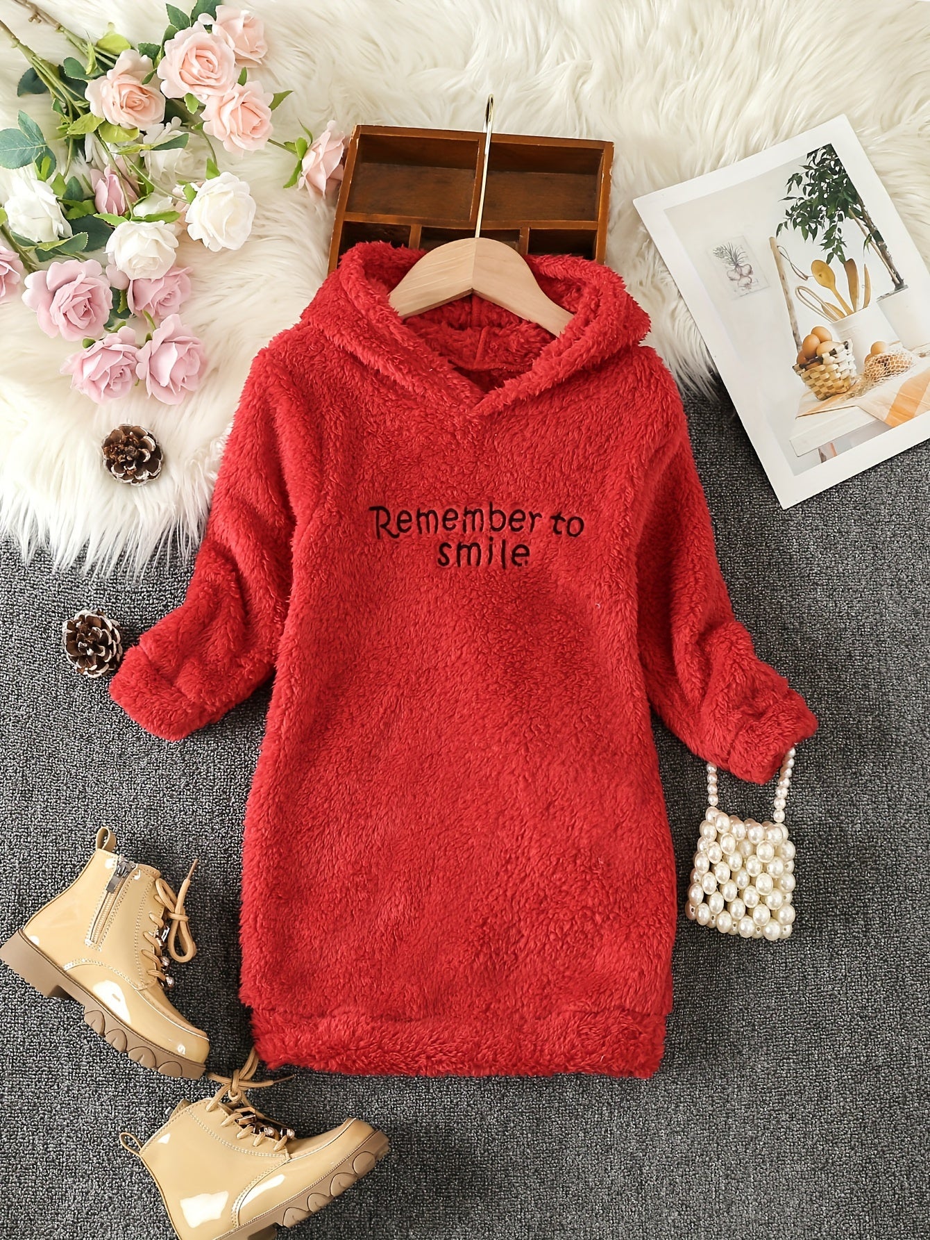 👗 Girls' Reversible Fleece Hooded Long Sleeve Dress with Letter Embroidery 👗