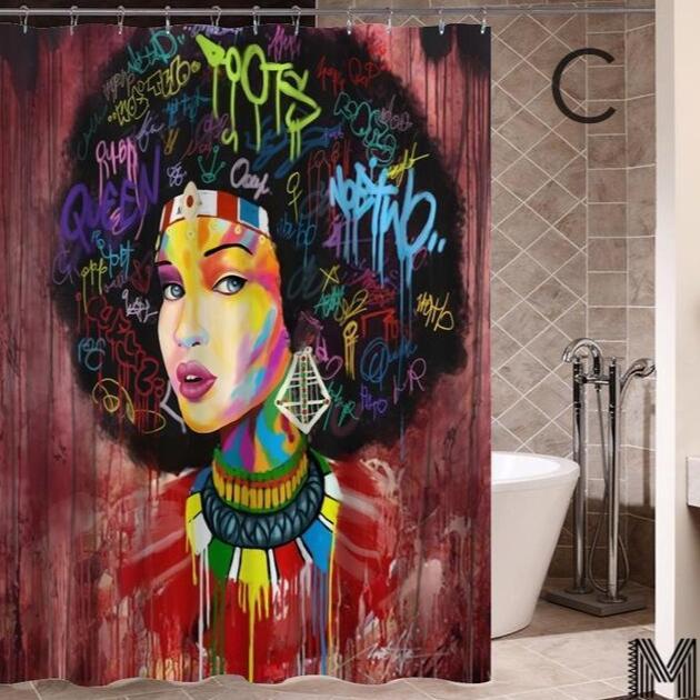 Urban Vibes Shower Curtain: Graffiti Art featuring Hip Hop African Girl and Modern Building Design