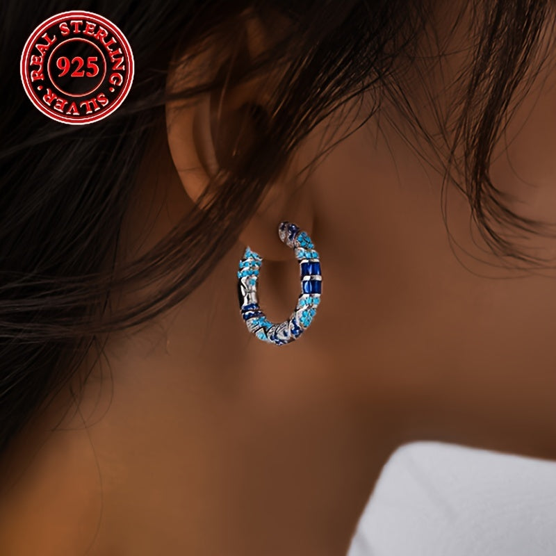 🌙 Tribal Silver Hoops – Blue Zirconia Elegance Collection 💎