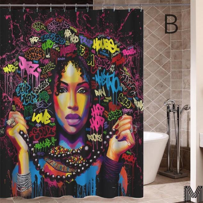 Urban Vibes Shower Curtain: Graffiti Art featuring Hip Hop African Girl and Modern Building Design