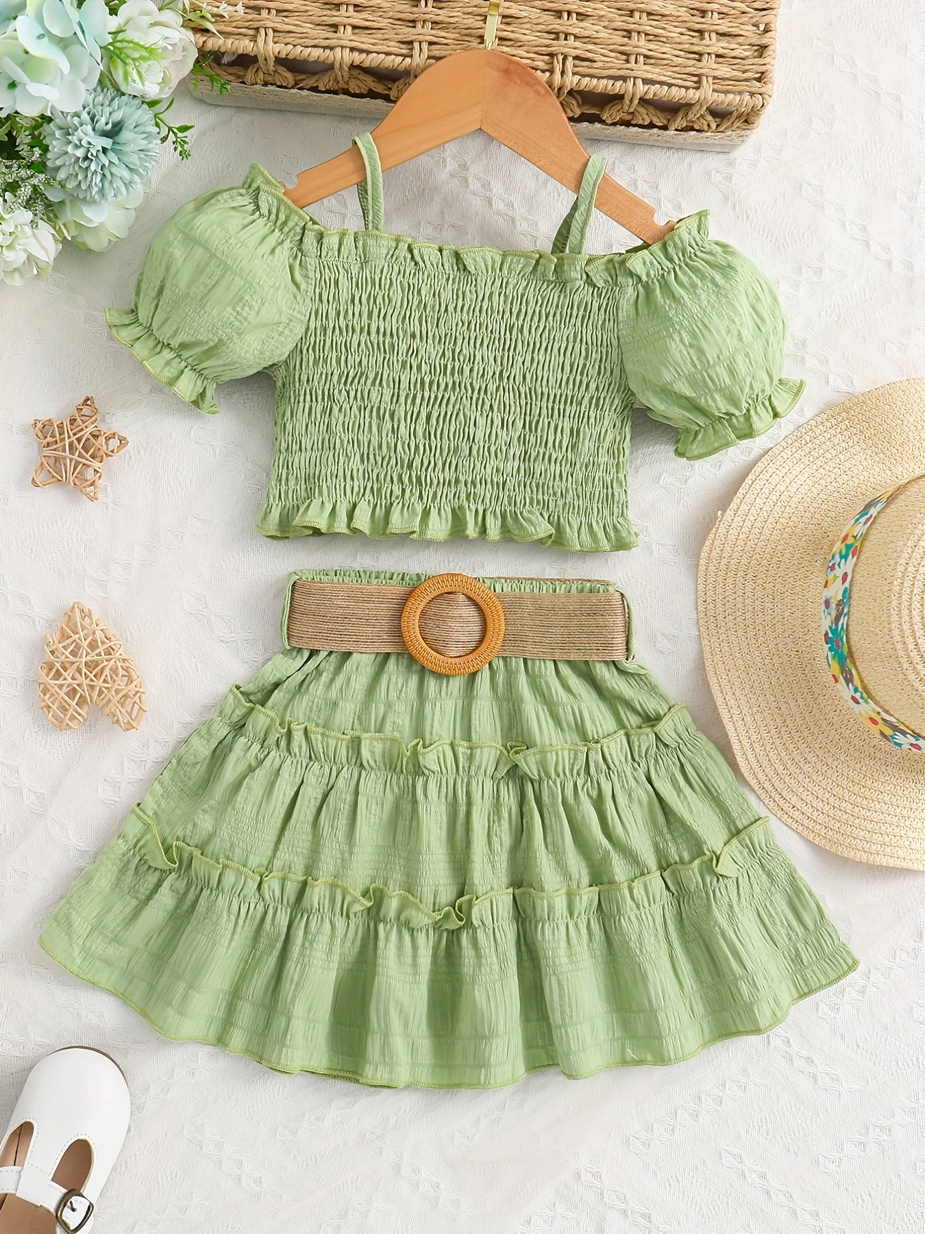 🌞 Girls' Elegant Cute Cami Off-Shoulder Ruffled Top & Skirt Set 👗