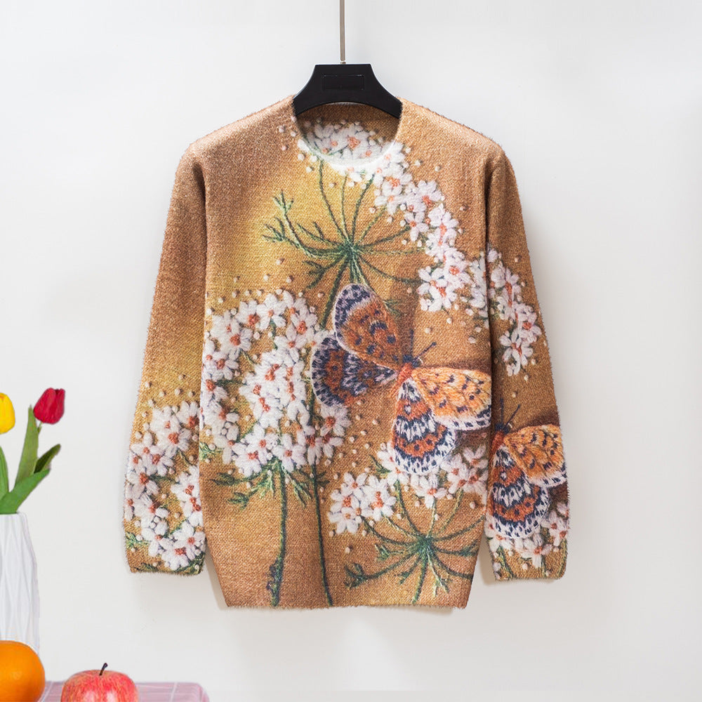 All-matching Three-dimensional Vintage Print Loose Sweater