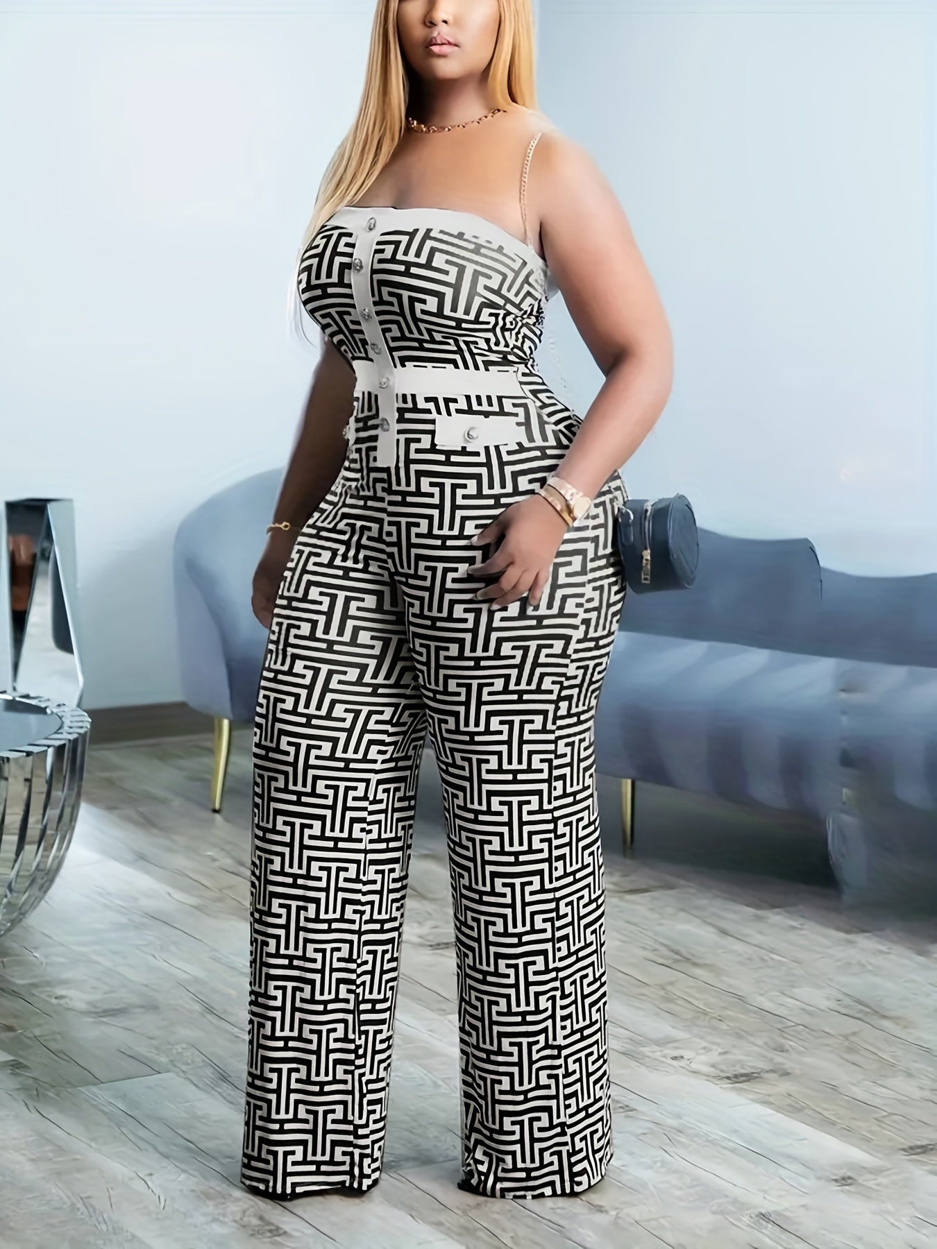 Plus Size Geometric Print Button Décor Tube Wide Leg Jumpsuit 🔷✨