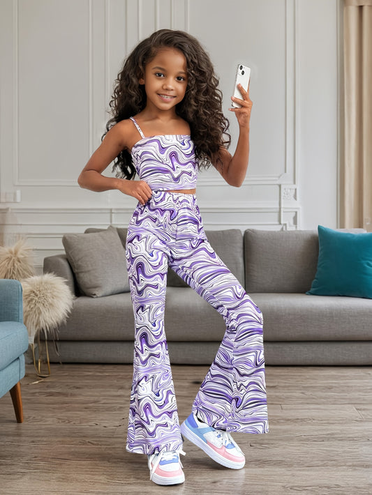 ☁️ Clouds Print Girls Set – Cami Top & Flared Trousers for Spring/Summer 🌸