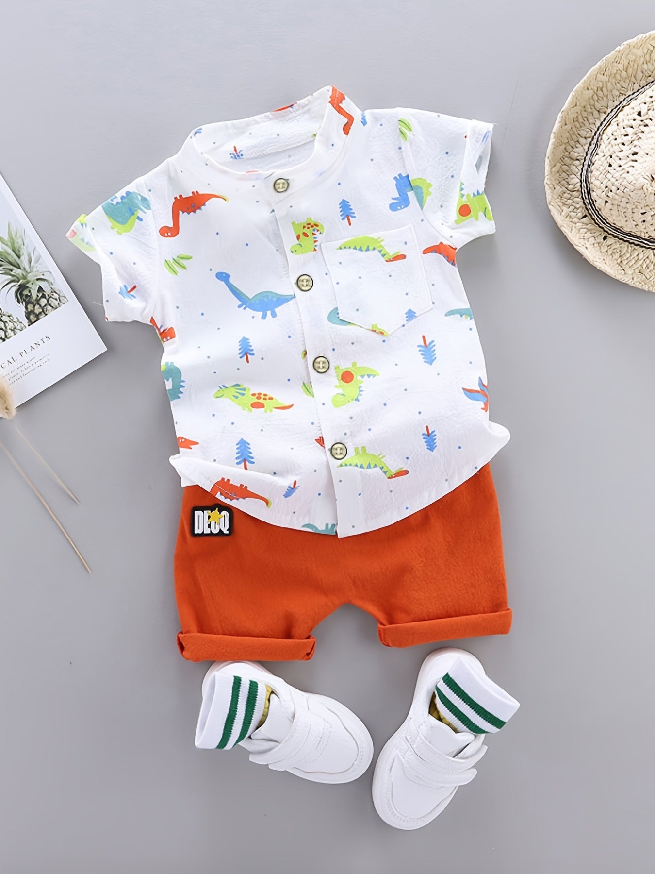 🦕 Baby Boys' Dinosaur Print Button Shirt & Elastic Waist Shorts Set – Adorable Summer Outfit 👶