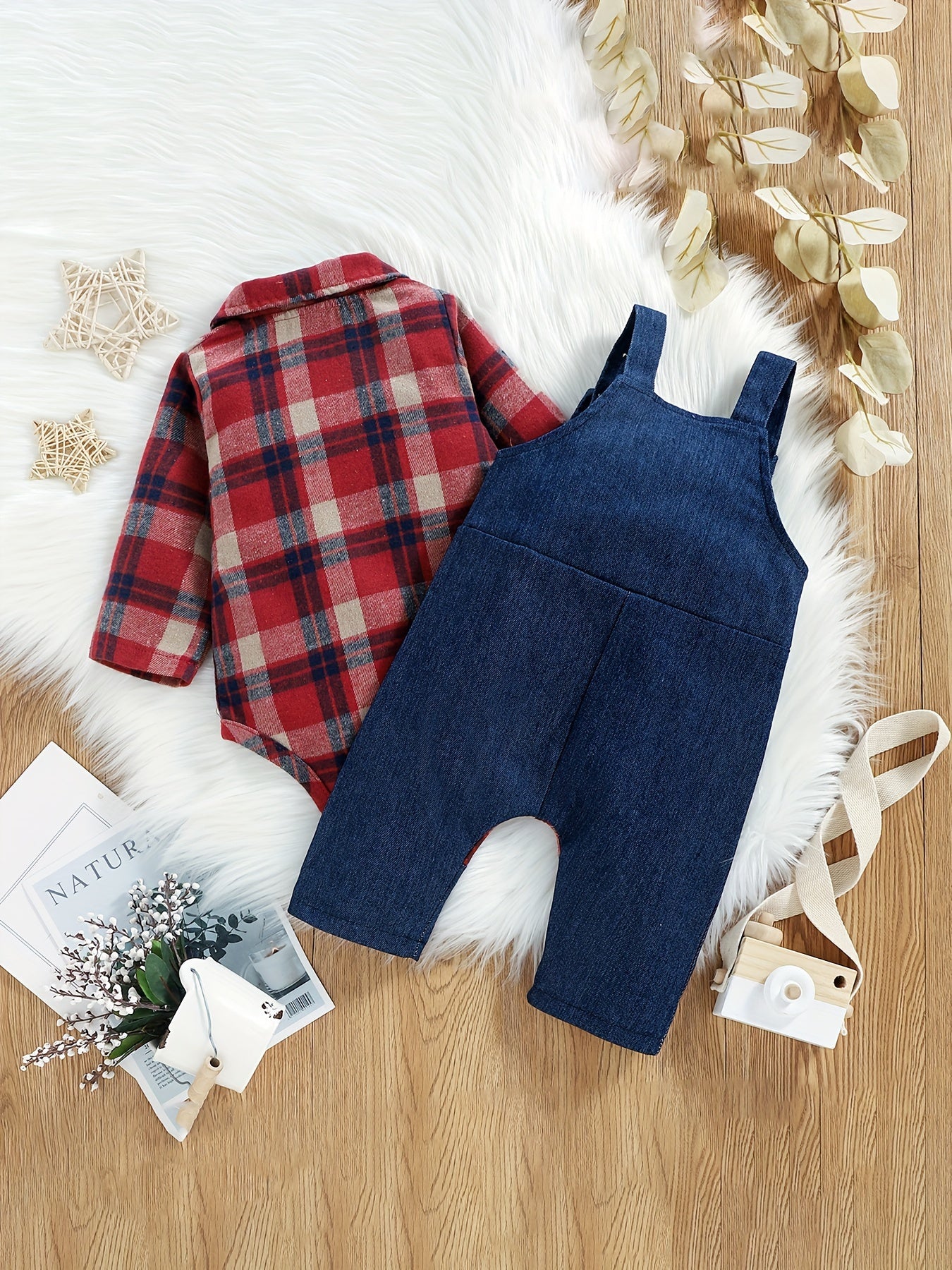 👶 Baby Boy Cute Outfits - Long Sleeve Plaid Bodysuit Romper & Overalls Jumpsuit Set (0-18 Months)