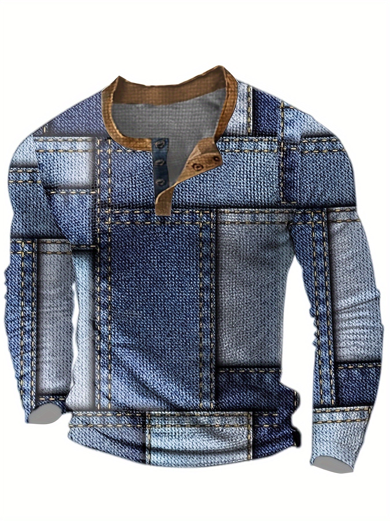 Vintage 3D Denim Graphic Henley Shirt