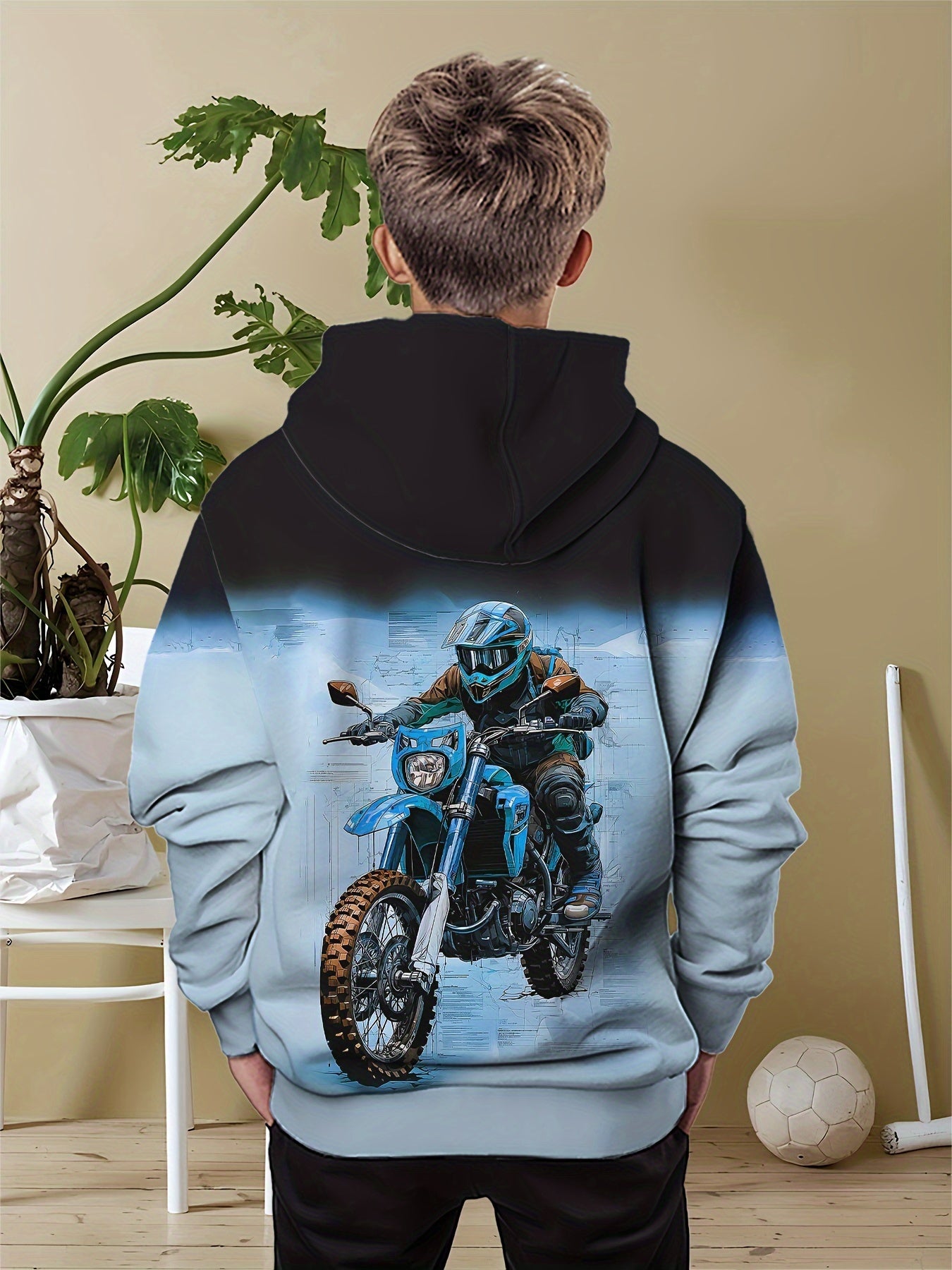 🏍️ Boy's Motorbike Rider Pattern Hooded Sweatshirt – Trendy Pullover for Autumn & Spring 🍂