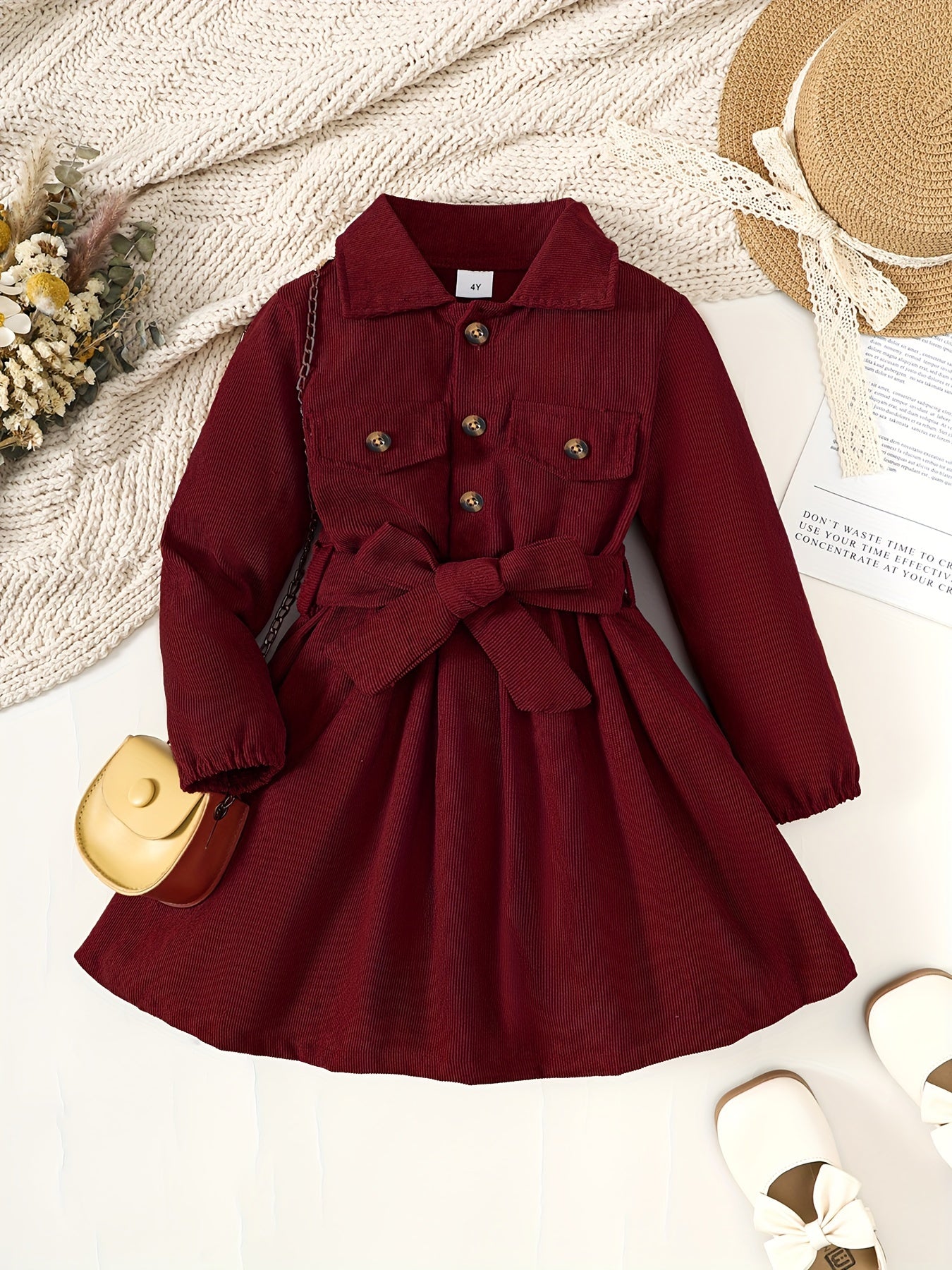 🎀 Toddler Girls' Solid Half Button Lapel Dress with Bow Belt 👗