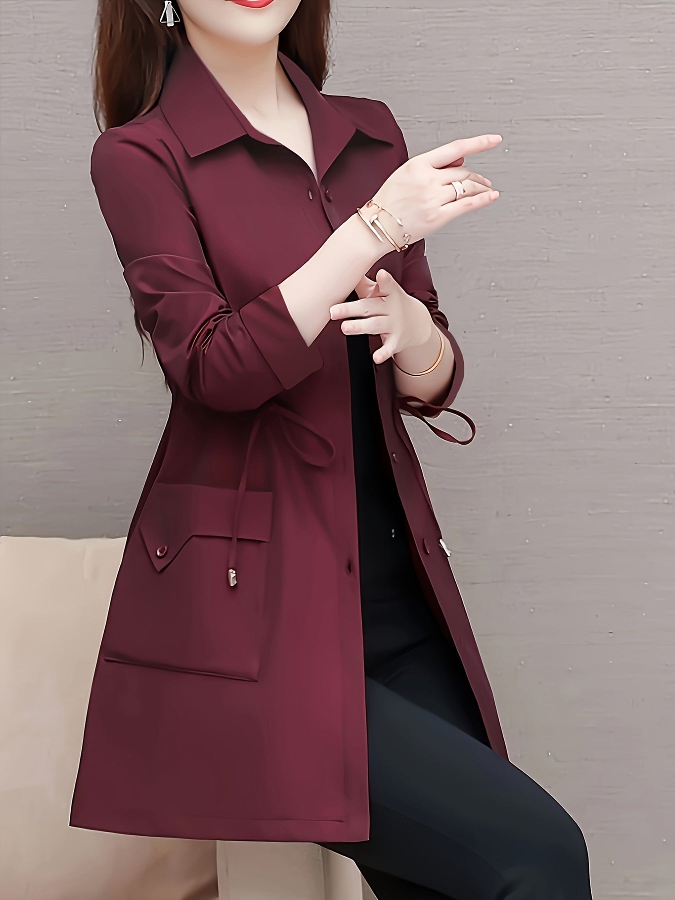 Elegant Solid Button-Front Shirt with Drawstring Tie Waist