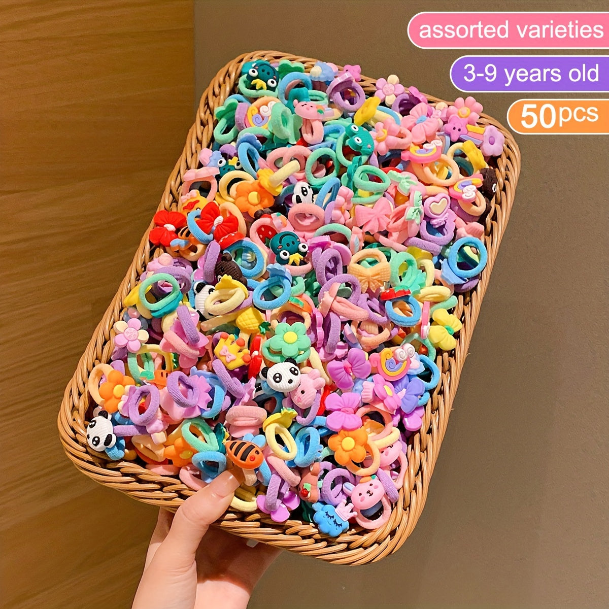 🎀 50-Piece Cartoon Hair Ties for Kids – Fun & Non-Damaging Elastic Bands for Girls Aged 3-14 🌟