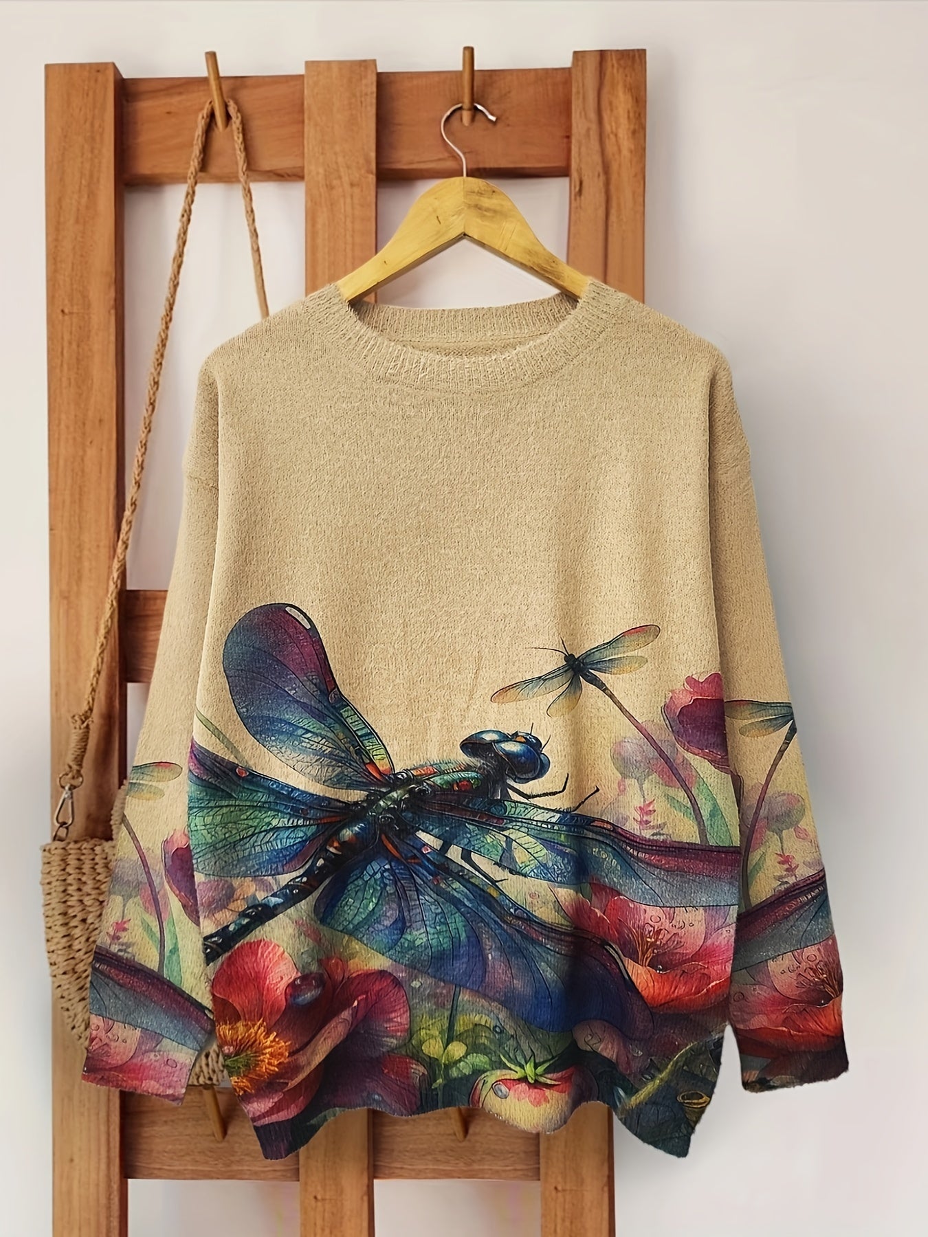 Plus Size Dragonfly Pattern Crew Neck Sweater 🦋