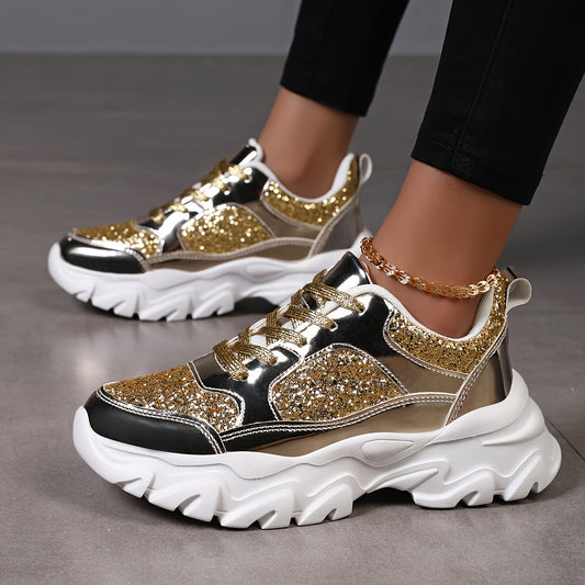 Women's Golden Glitter Design Chunky Sneakers