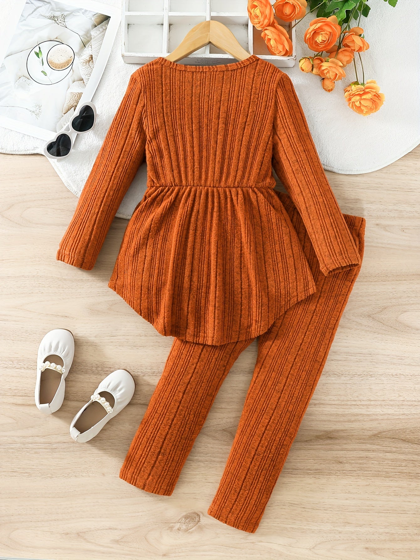 👕 2PCS Ribbed Knit Outfits - Long Sleeve Top + Jogger Pants Set for Kids