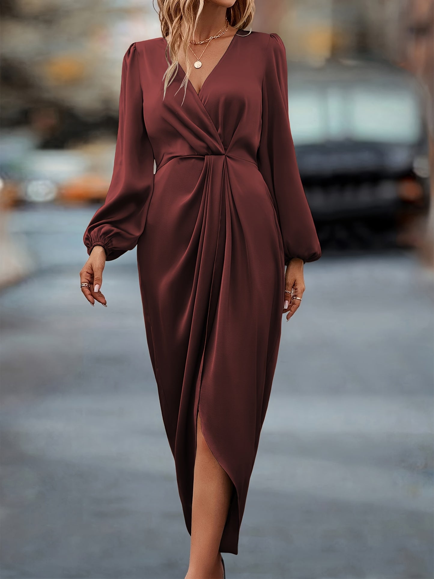 🌸 Ruched Cinched Waist Wrap Surplice Neck Dress 🌸