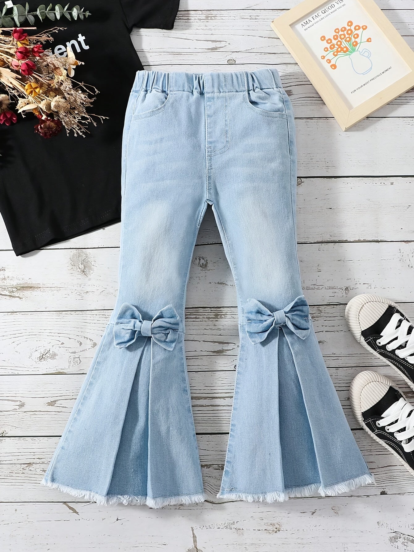 👧 Girls Stylish & Elegant Bowknot Décor Split Front Flared Jeans - Perfect for Spring & Fall