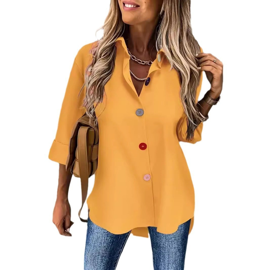 Casual Women's Solid Color Buttons Long Sleeve Shirt Top