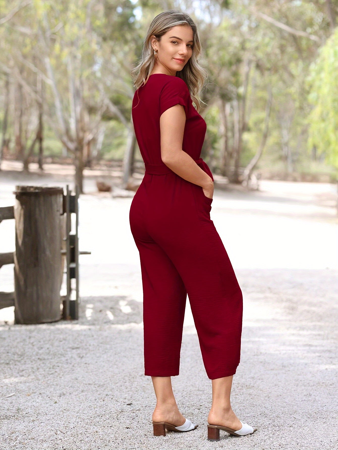 Button Front V Neck Jumpsuit