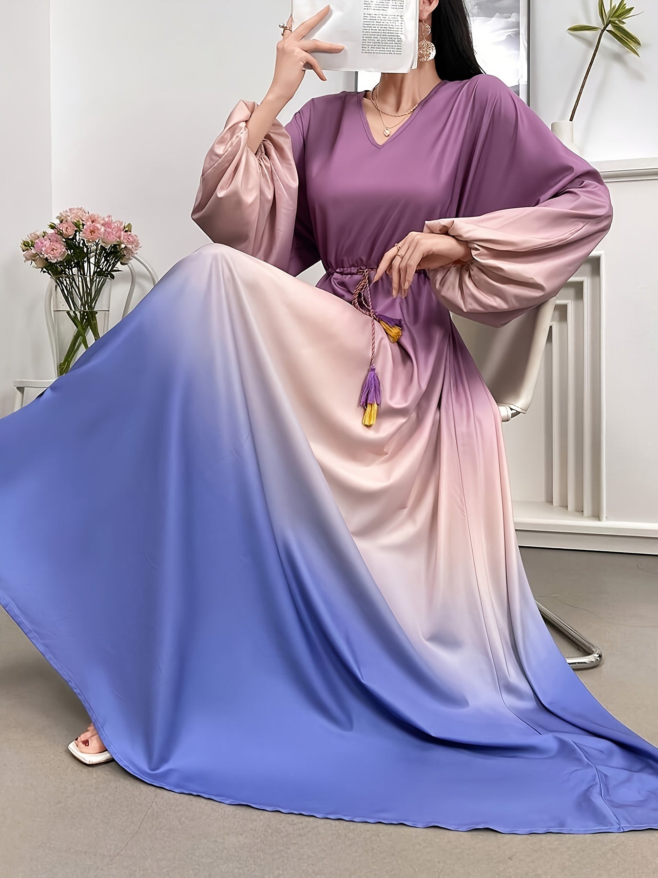 Sunset Glow Lantern Sleeve Maxi Dress