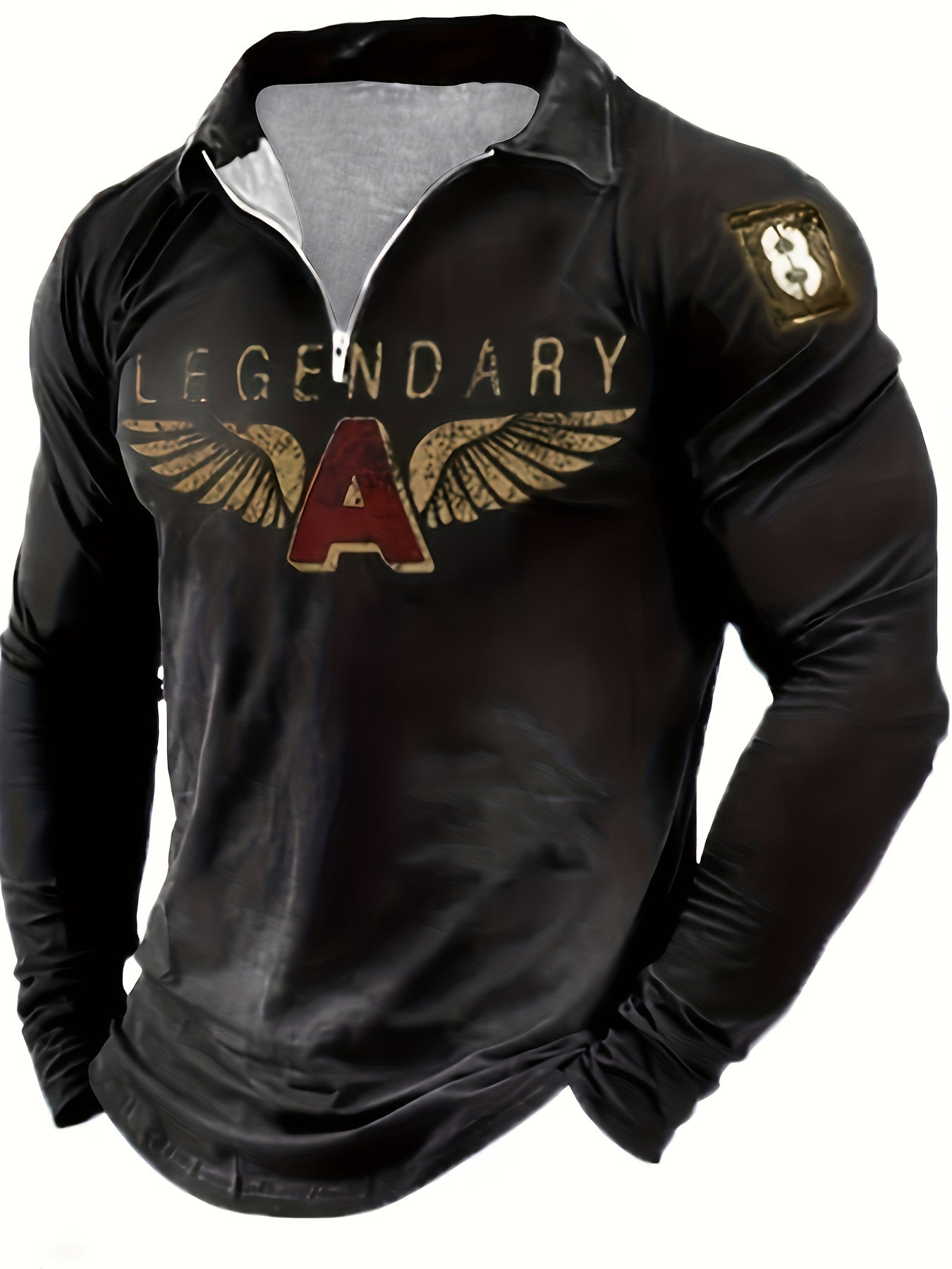 Men's Winged Badge Zip-Up Shirt - Trendy Long Sleeve Lapel Top