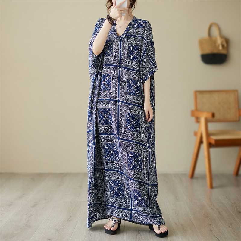 Floral Vacation Style Travel V-neck Retro Flab Hiding Cotton Linen Dress