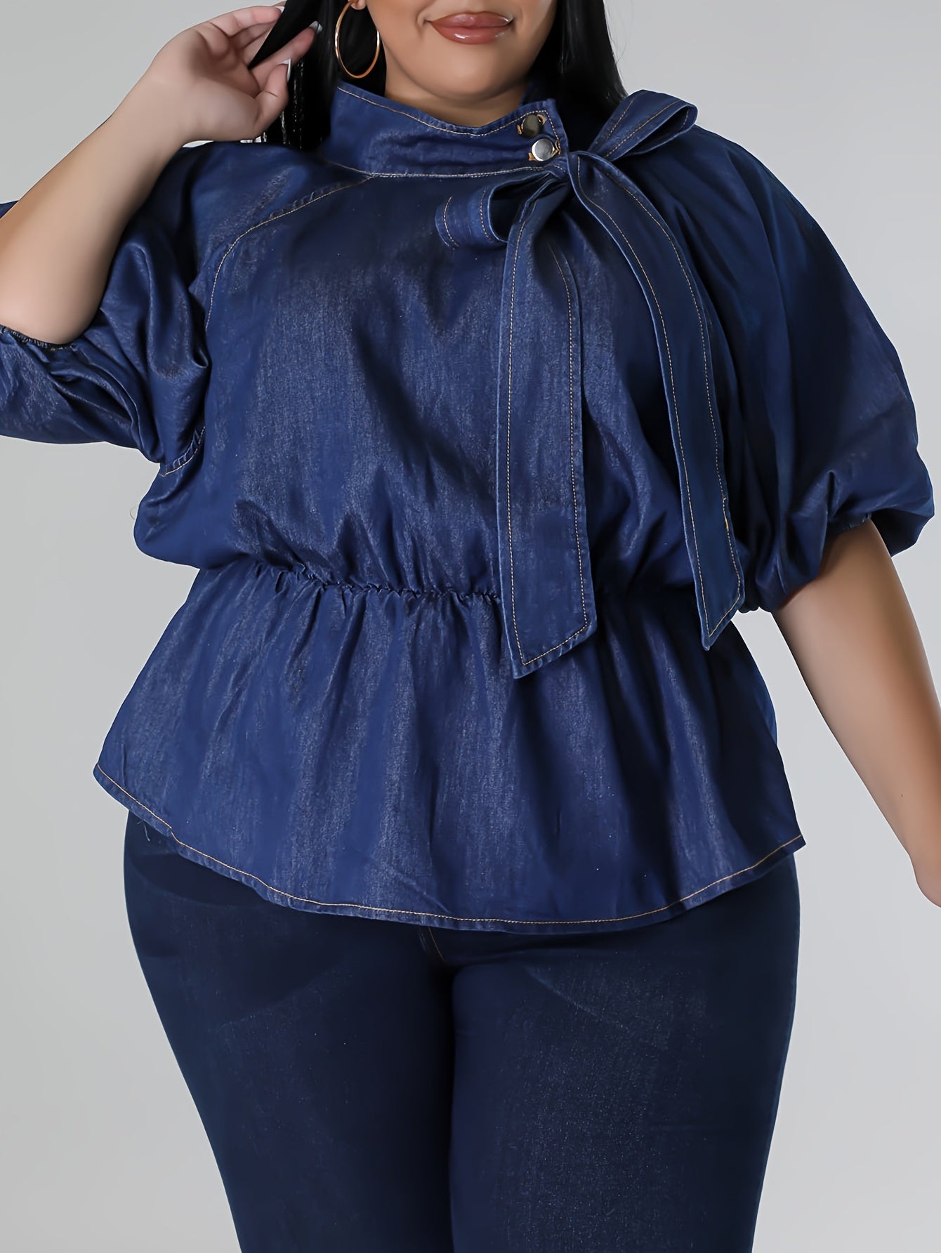 Plus Size Faux Denim Bow Detail Blouse 🌼👚