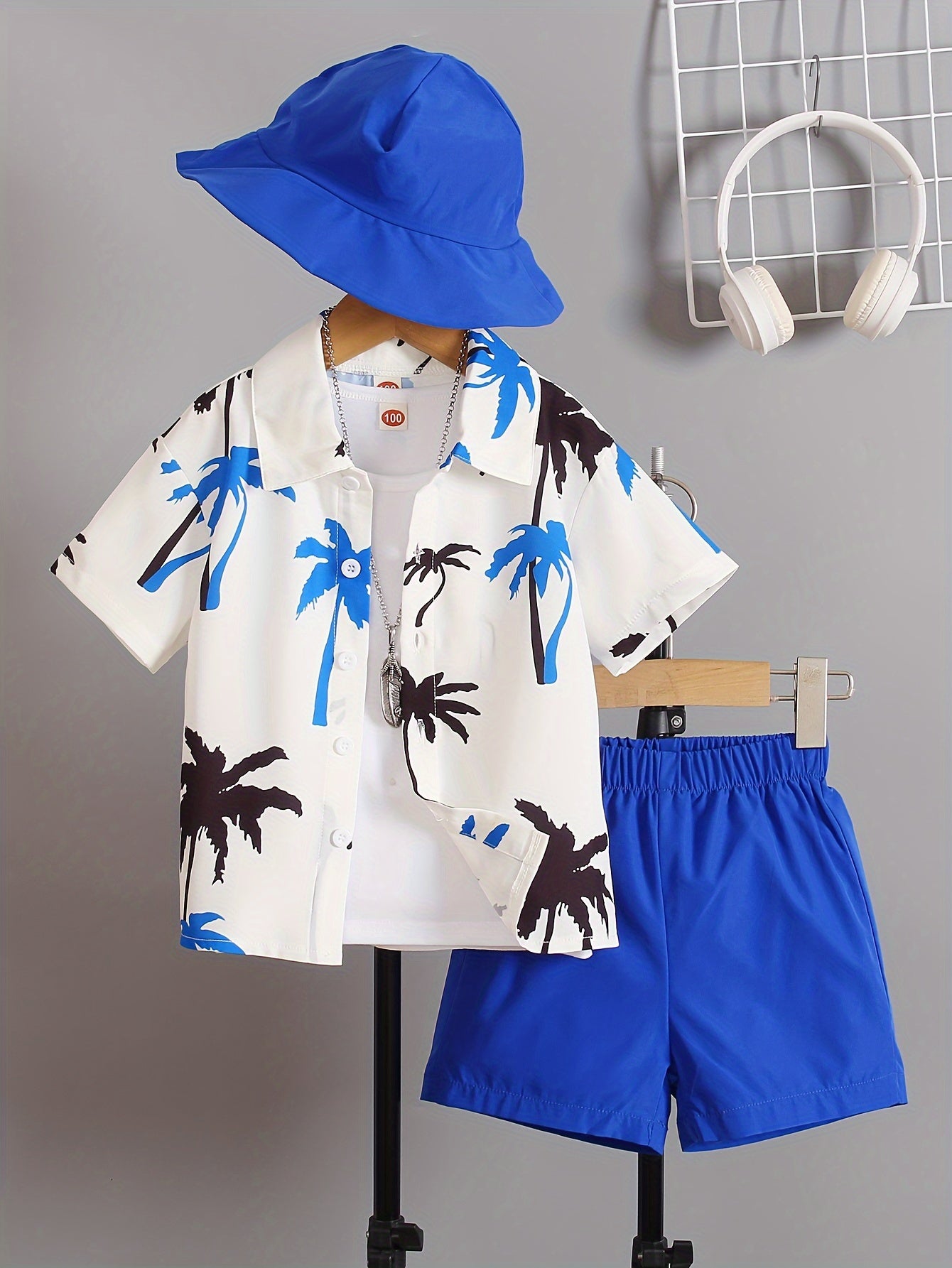 🌴 Boys' 3-Piece Coconut Tree Graphic Print Set – Shirt, Shorts & Hat for a Cool Summer Look 👕