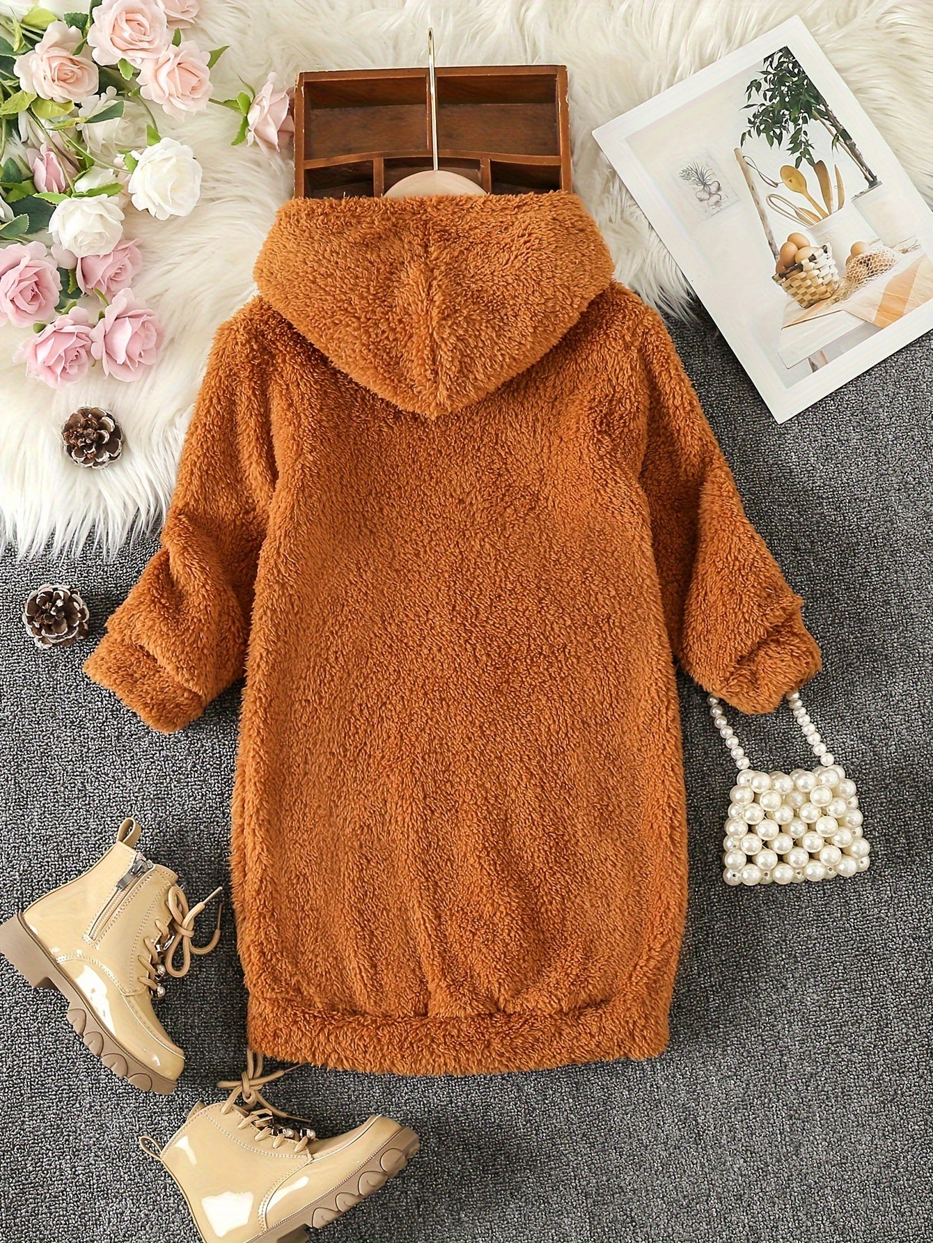 👗 Girls' Reversible Fleece Hooded Long Sleeve Dress with Letter Embroidery 👗