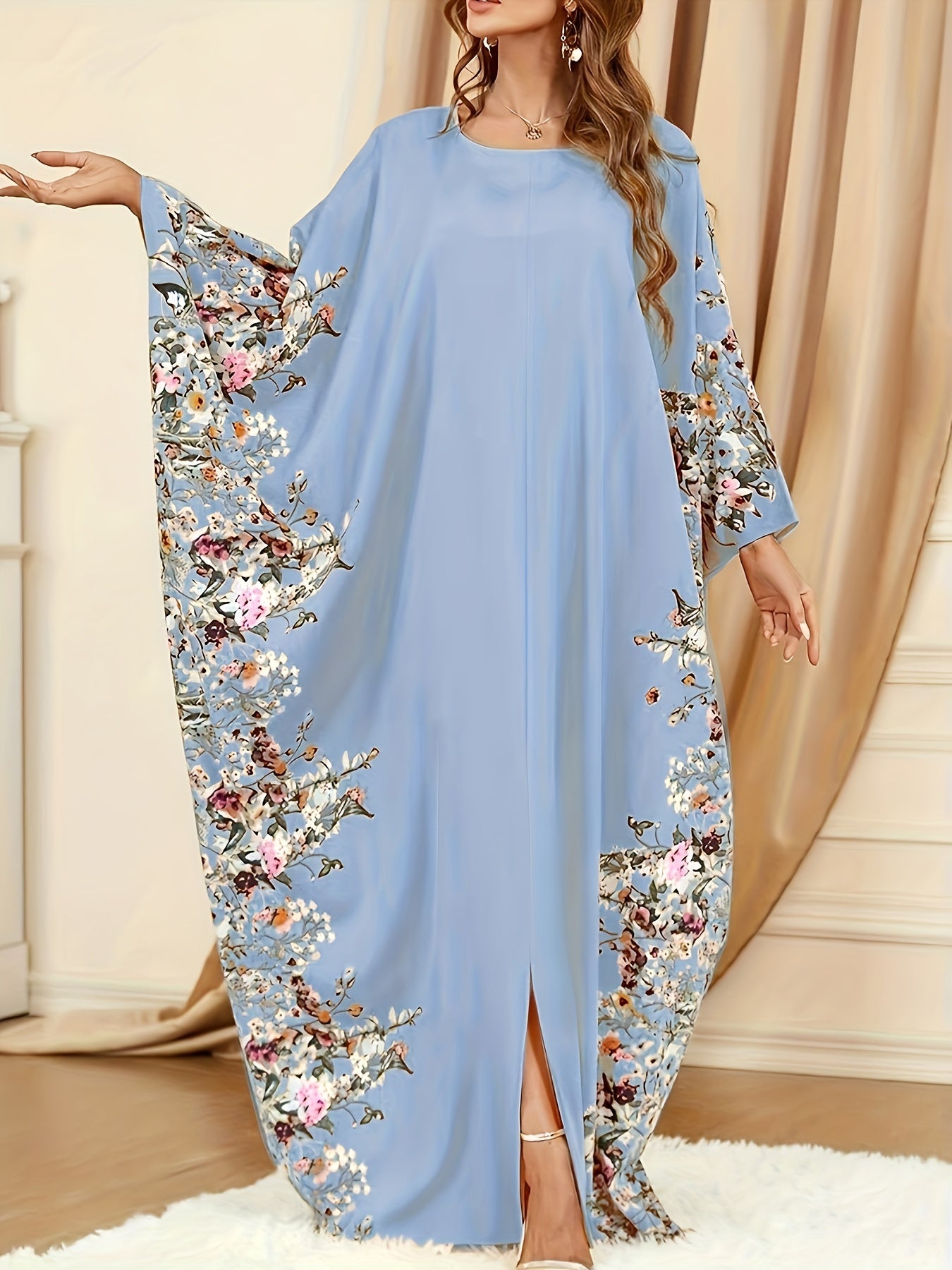 Floral Print Crew Neck Kaftan Abaya - Elegant Batwing Sleeve Split Maxi Dress