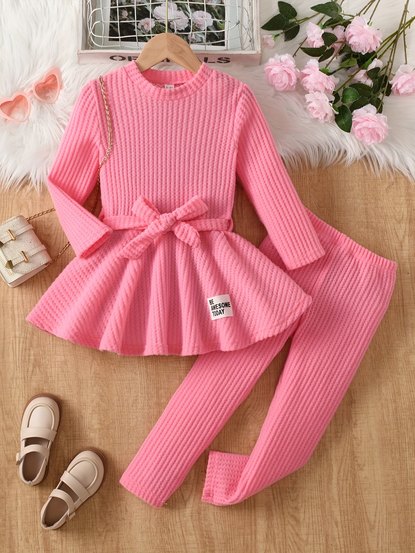 💖 Girls' Casual Waffle Knit Pullover Top with Bow and Long Sleeve Pants Set