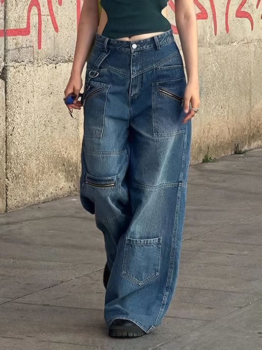 👖 Women's Plain Washed Blue Denim Cargo Pants