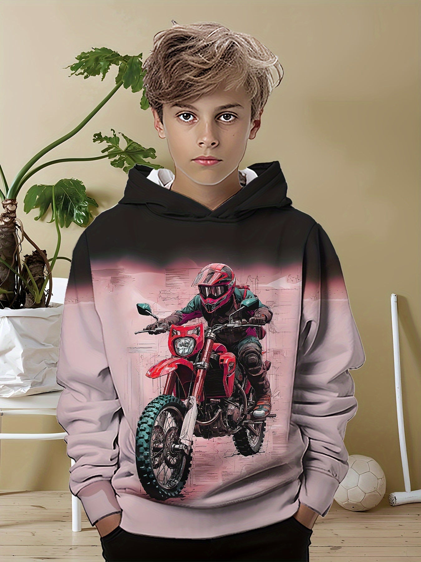 🏍️ Boy's Motorbike Rider Pattern Hooded Sweatshirt – Trendy Pullover for Autumn & Spring 🍂