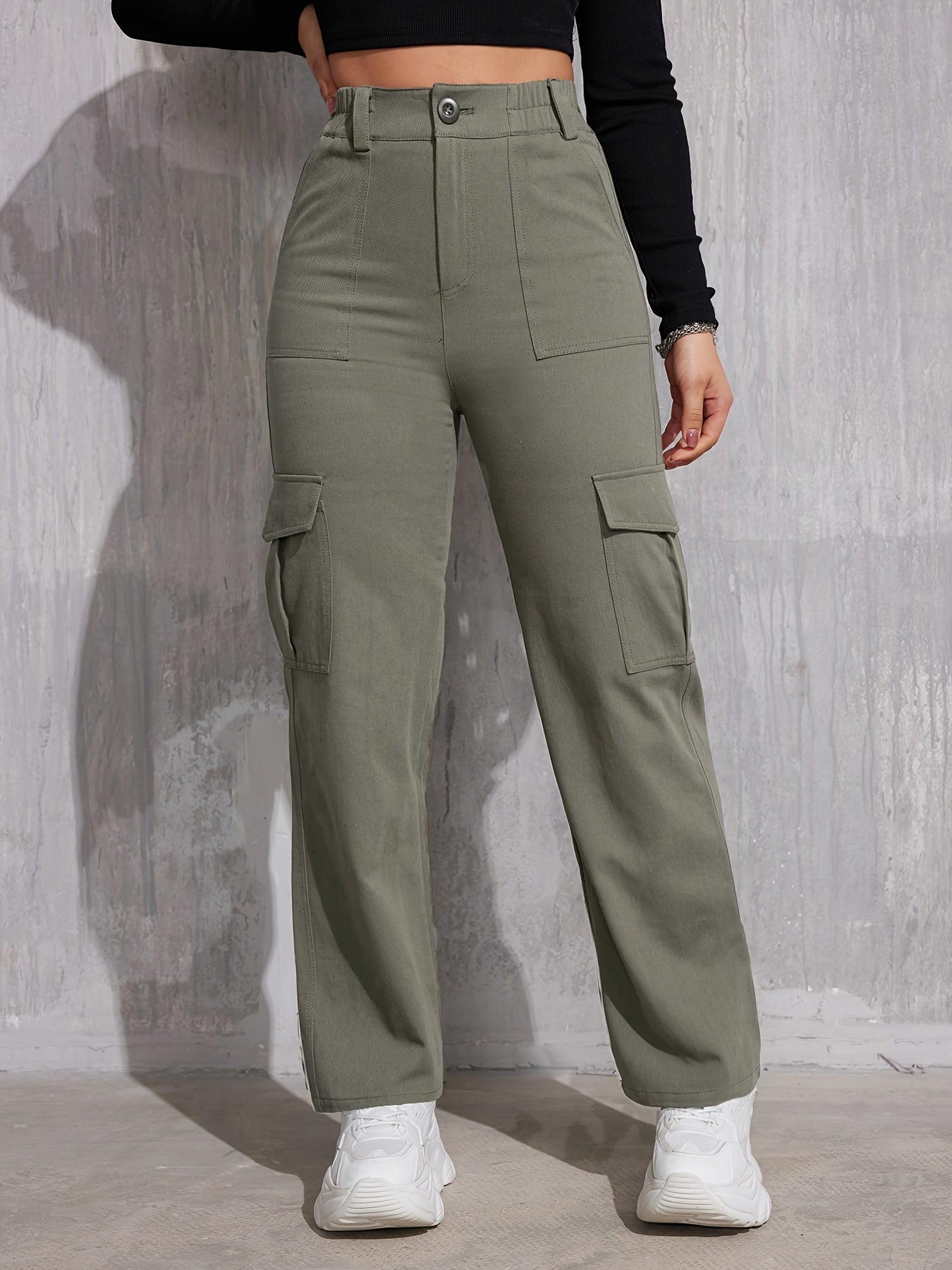 Solid Straight Leg Cargo Pants