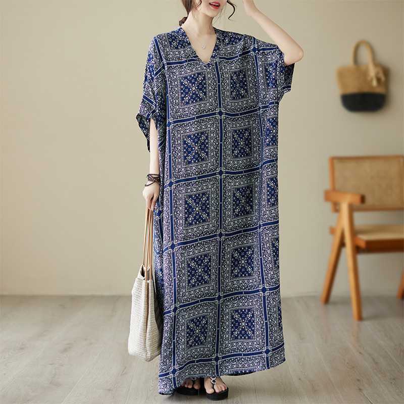 Floral Vacation Style Travel V-neck Retro Flab Hiding Cotton Linen Dress