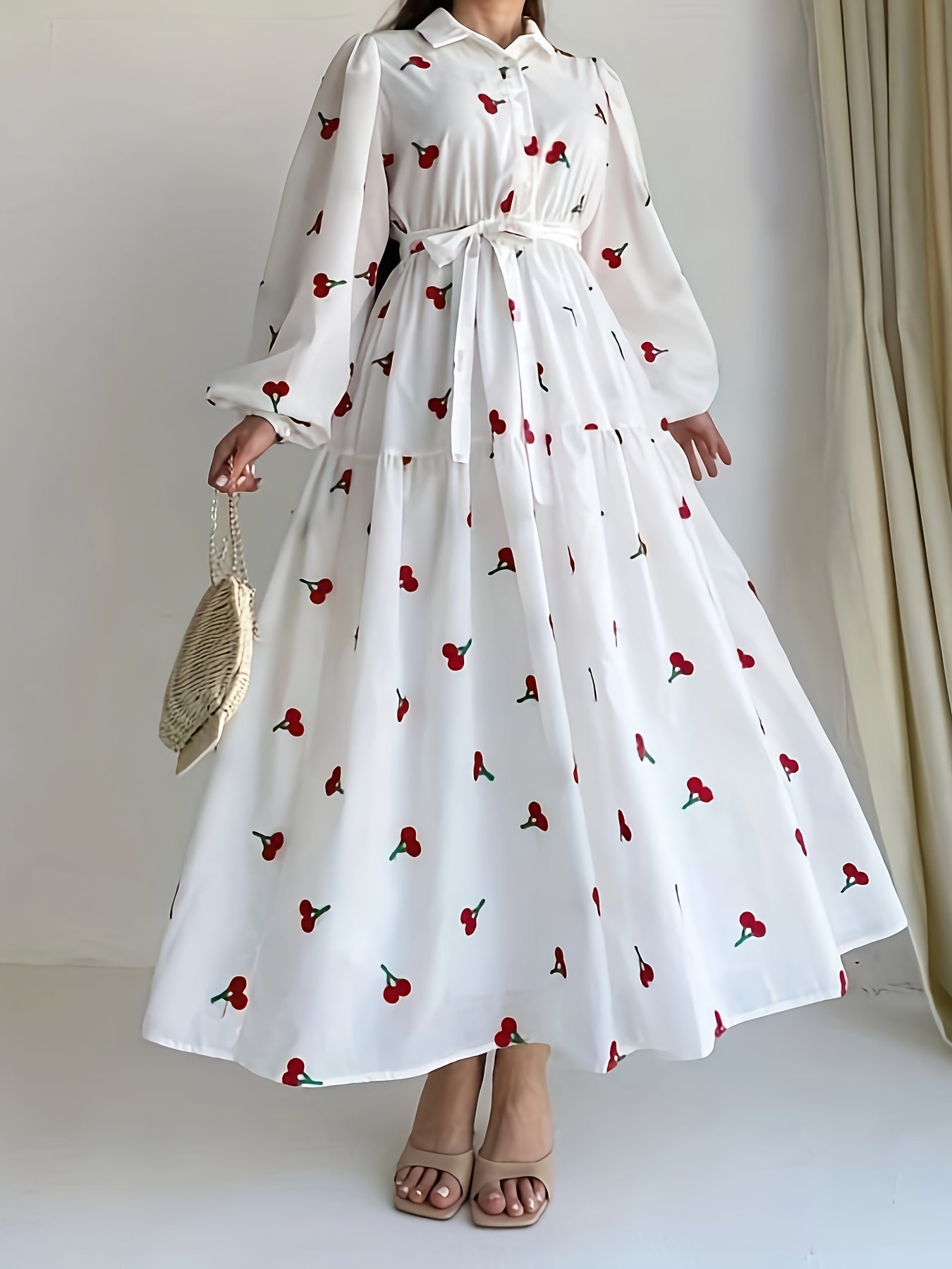 Cherry Print Lantern Sleeve Maxi Dress