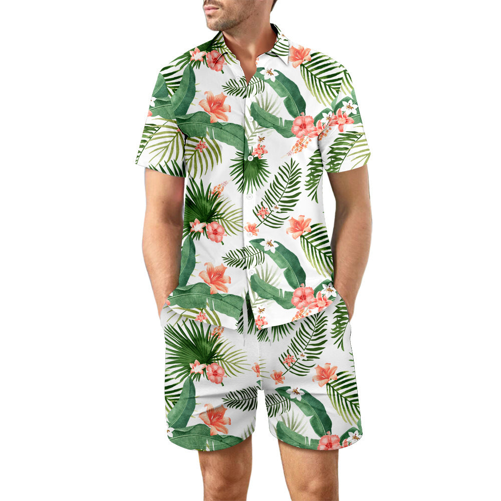 Surf Style Printed Beach Shirt Summer Suit: Loose Button Top and Drawstring Shorts Set