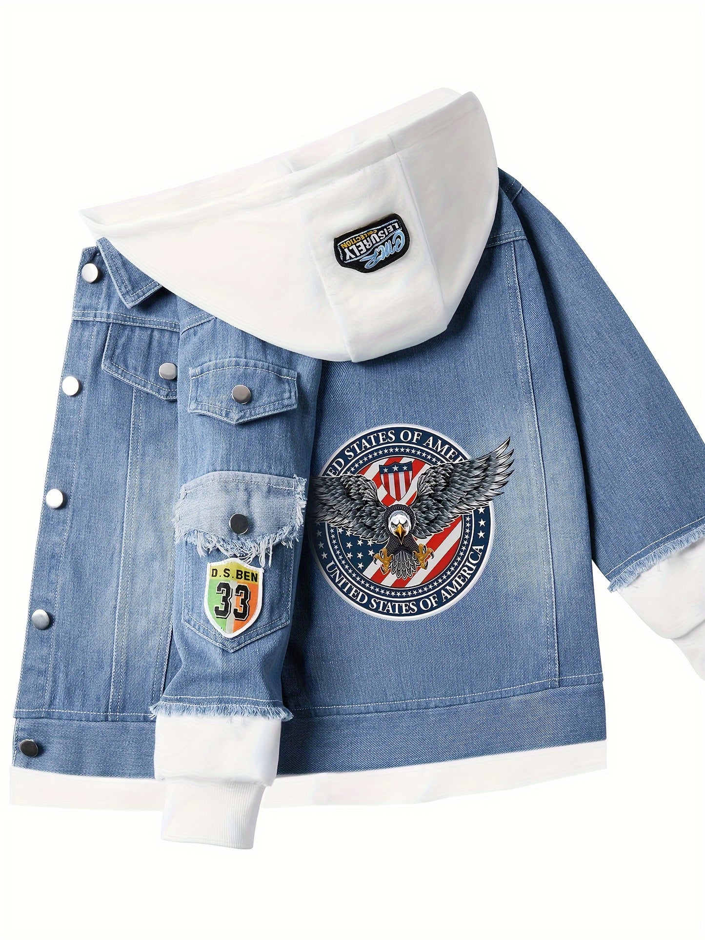 🦅 Boys' Casual Eagle Print Denim Hooded Jacket 🌟