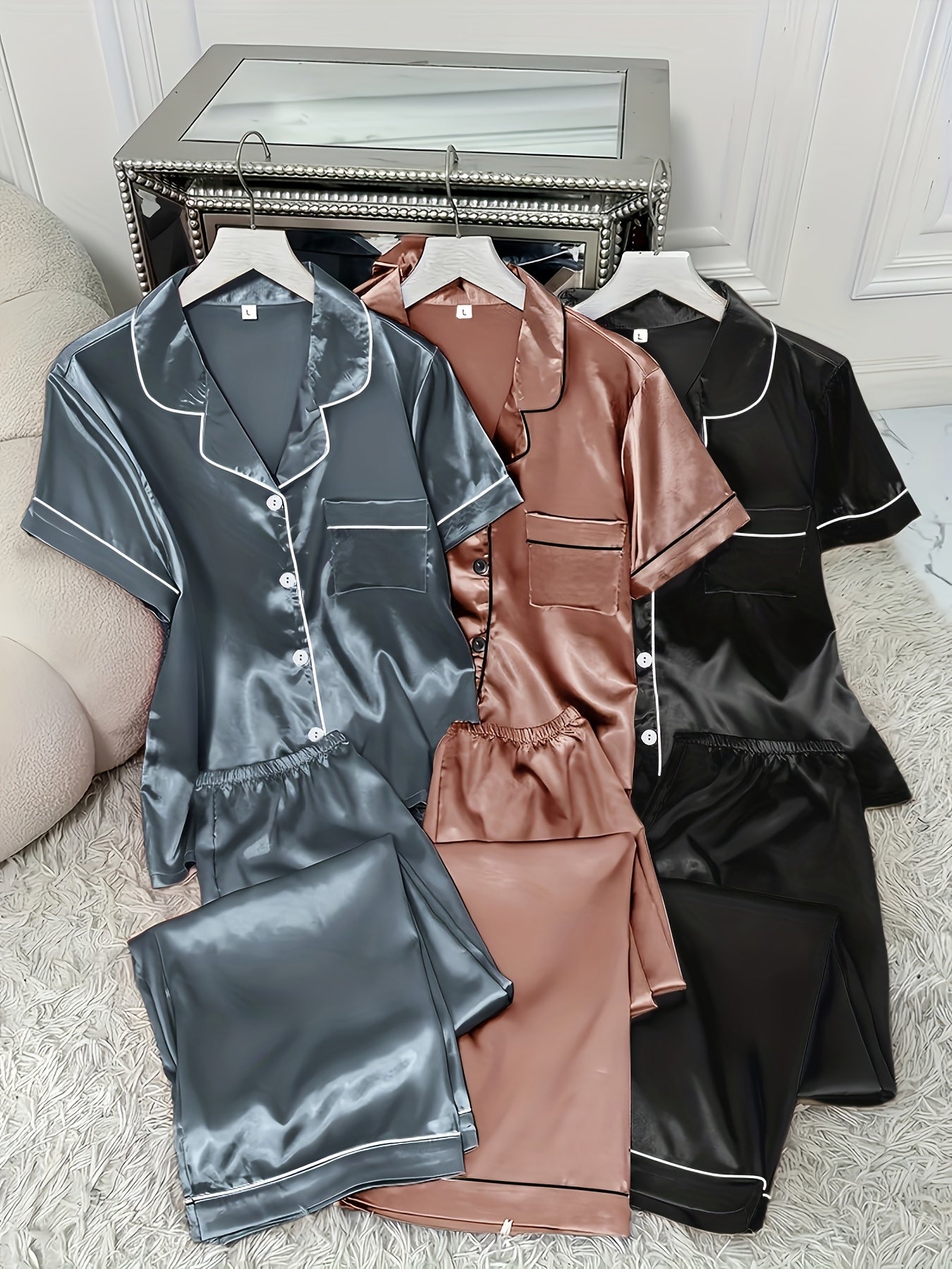 3 Sets Women's Solid Satin Casual Pajama Set ✨