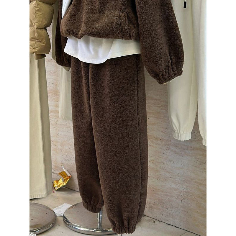 Casual Sports Style Brown Color Thick Lamb Wool Sweatshirt Pants Suit