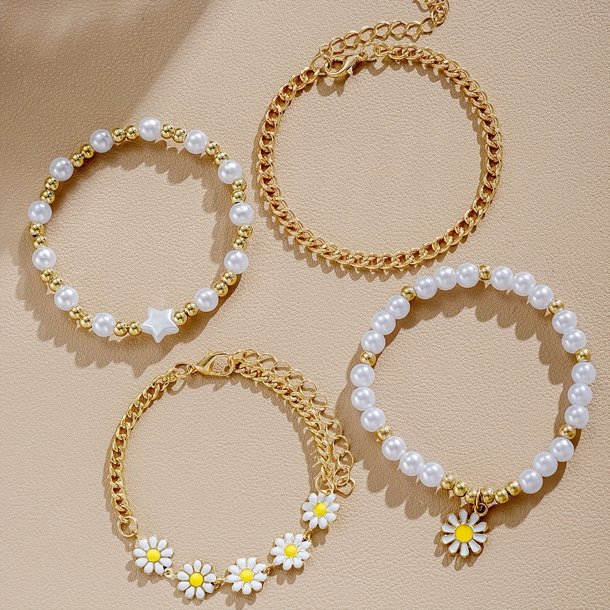 4-Piece Daisy Flower Pendant & White Faux Pearl Beaded Bracelet Set 🌼✨