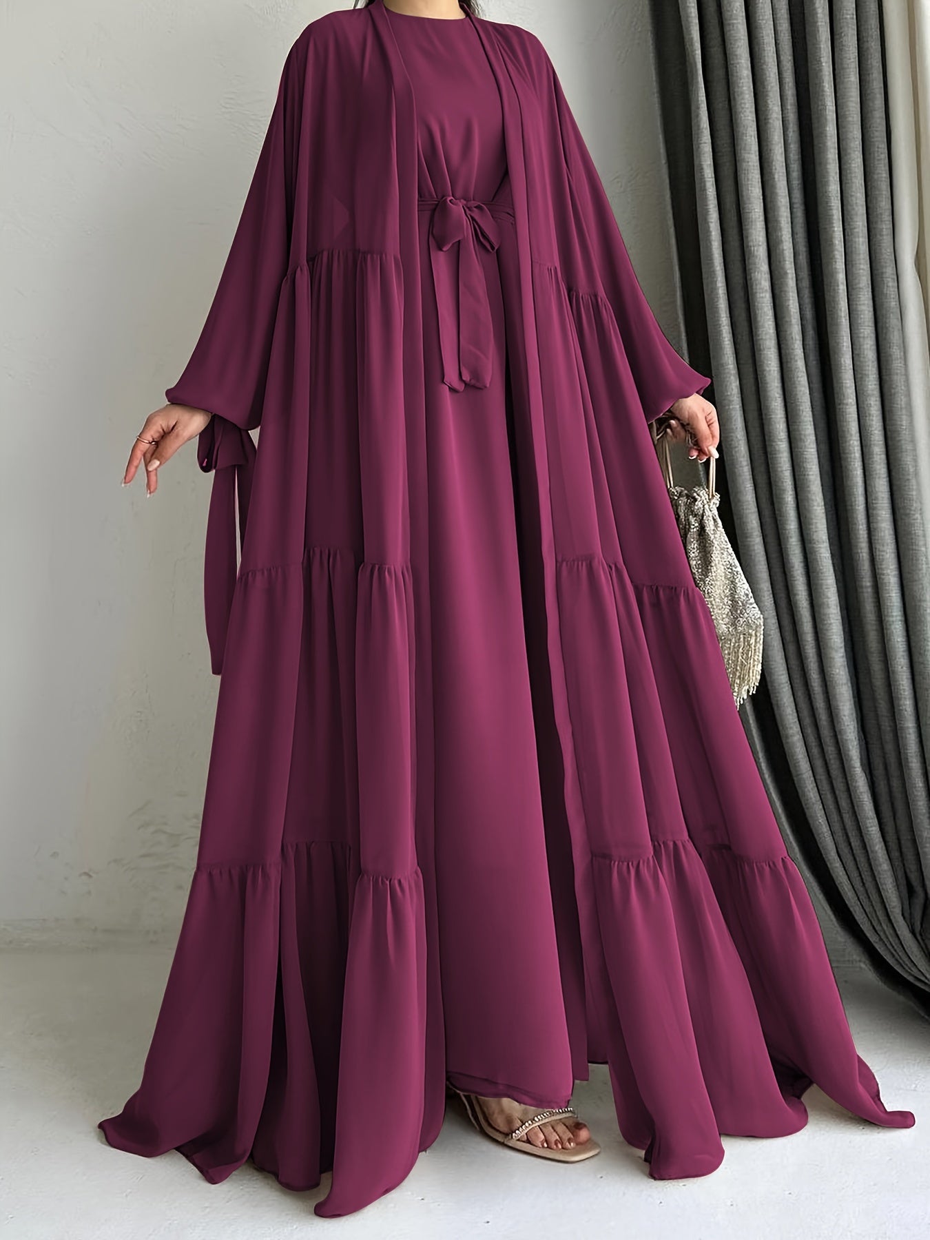 Crew Neck Long Sleeve Abayas Dress - Elegant Ruffle Hem Maxi with Long Sleeve Cardigan