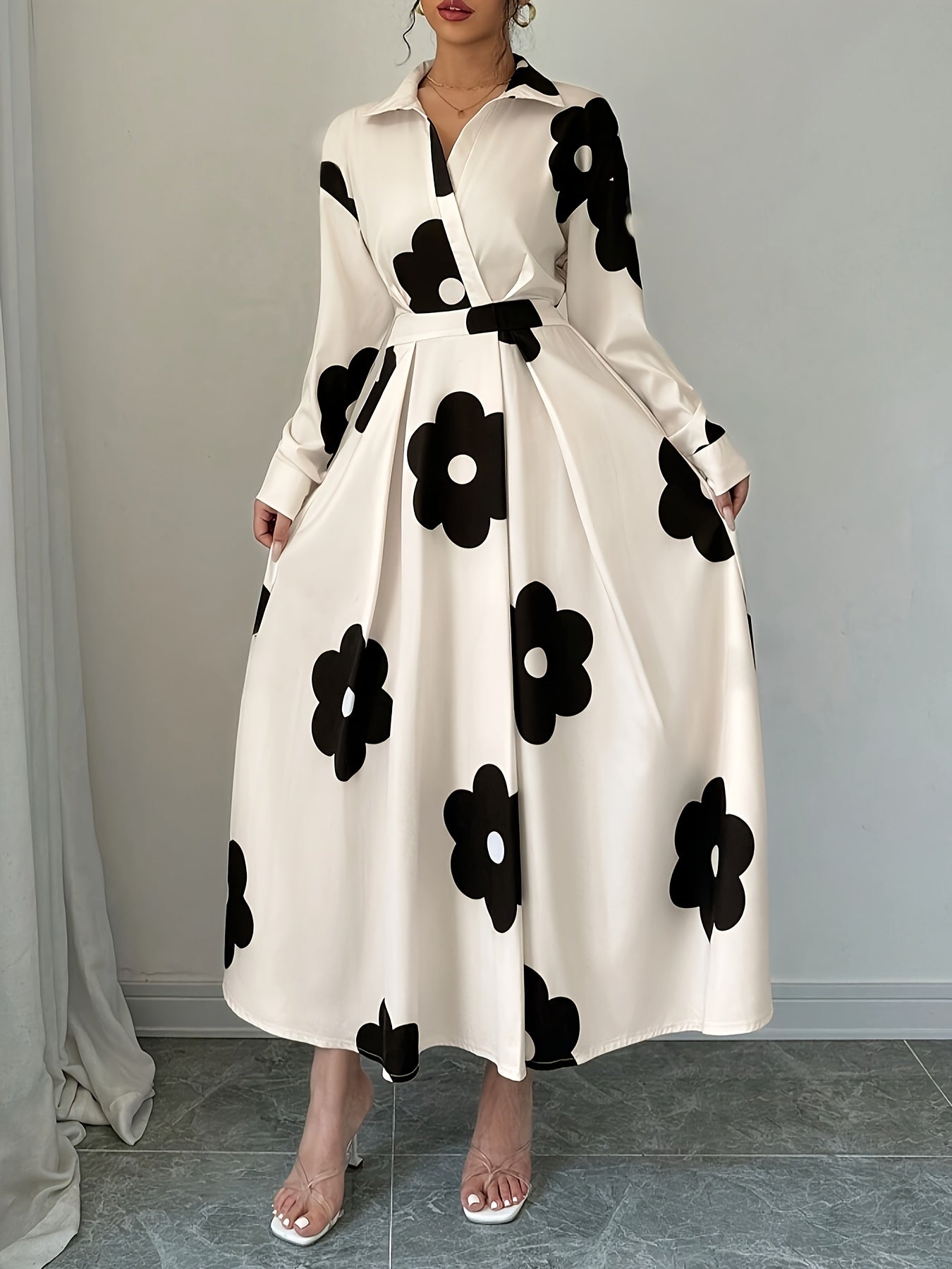 🌸 Elegant Floral Print Long Sleeve Dress with Lapel Collar 🌸