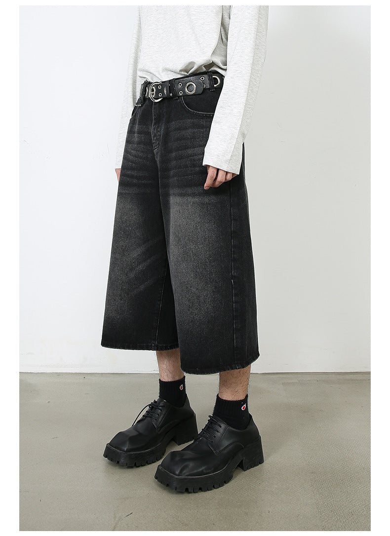 American Black Gray Loose Trousers Loose Denim Cropped Pants