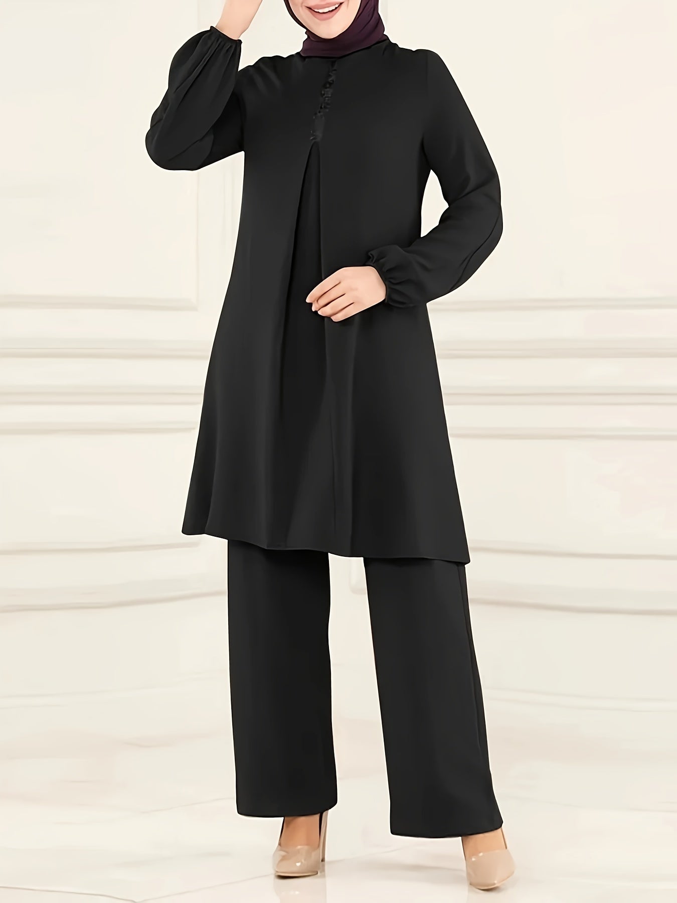 Elegant Solid Muslim Two-Piece Set - Long Sleeve Crew Neck Top & Straight Leg Pants