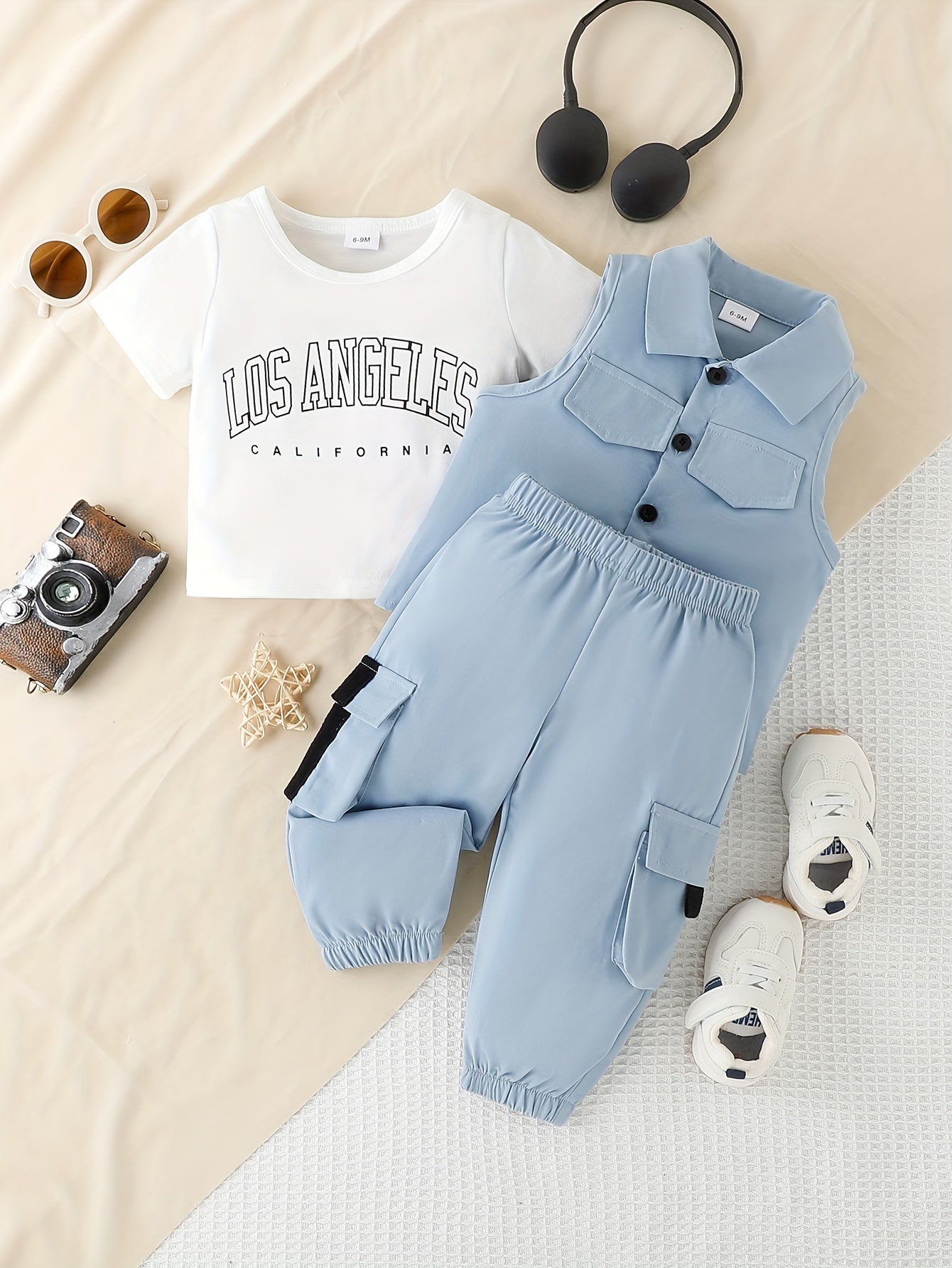 🌟 3-Piece Infant & Toddler Street Style Outfit – Casual Vest, Letter Print T-Shirt & Cargo Pants 🌟