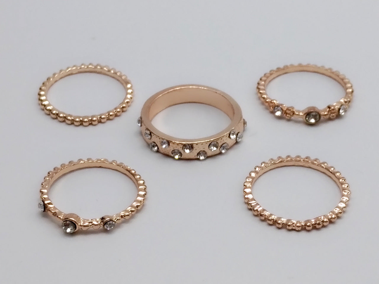 Euro Glam Rose Gold Diamond Stackable Rings: Set of Five Elegant Jewelry Pieces