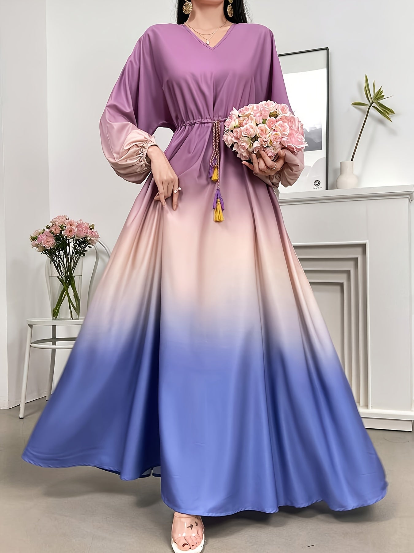 Sunset Glow Lantern Sleeve Maxi Dress