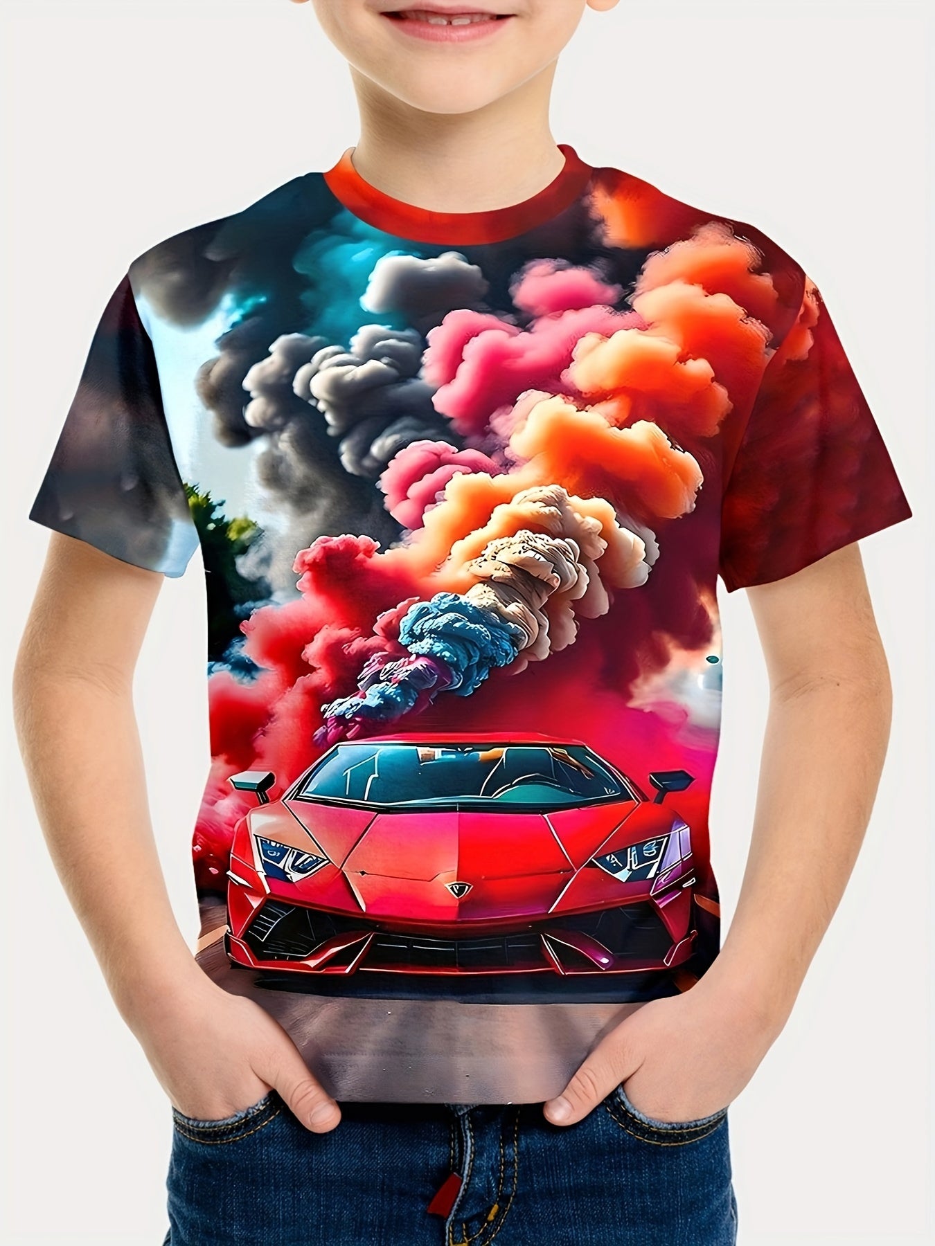 🏎️🔥 Boys' Cool Sports Car 3D Print Tee - Zoom Into Summer Style! 🏎️🔥